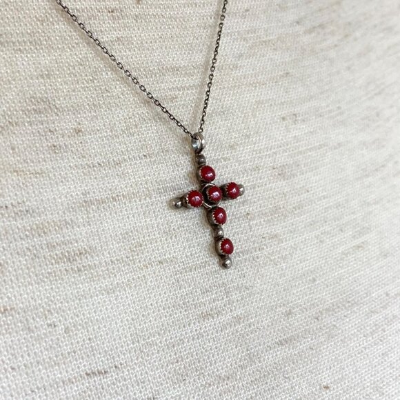 VTG Sterling Silver 925 Southwest Coral Multi Stone Cross Pendant Necklace 16" - Picture 7 of 16